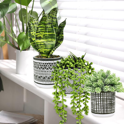 3 Pcs Small Potted Plants Artificial Succulents Hanging Plants and Faux Tropical Snake Plant in Black Geometric Pots for Modern Home Kitchen Windowsill Table Shelf Indoor Outdoor Greenery Decor