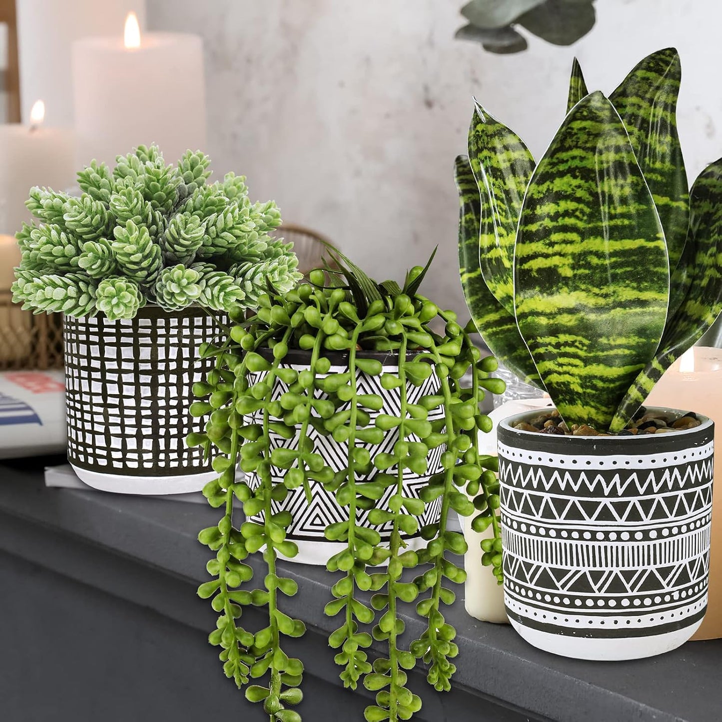 3 Pcs Small Potted Plants Artificial Succulents Hanging Plants and Faux Tropical Snake Plant in Black Geometric Pots for Modern Home Kitchen Windowsill Table Shelf Indoor Outdoor Greenery Decor