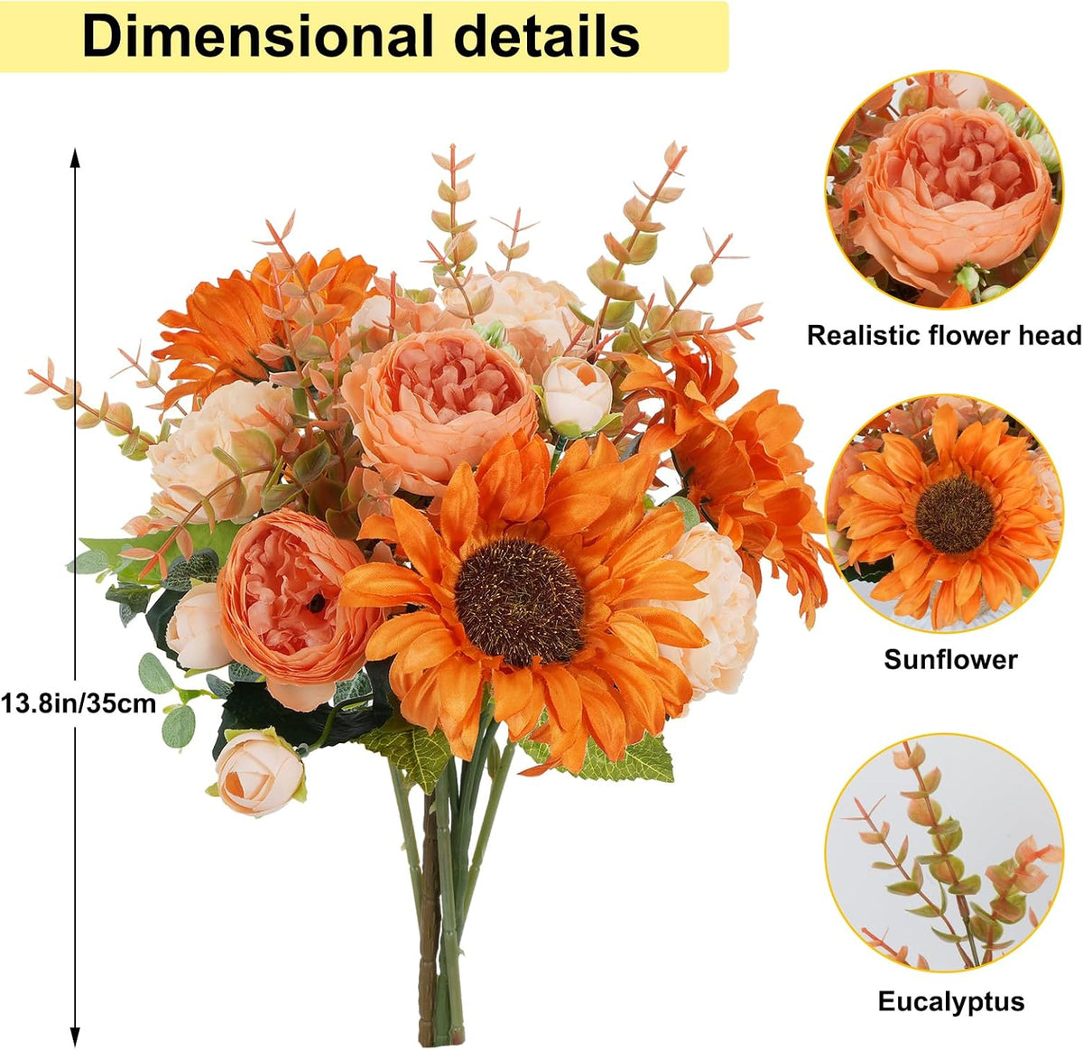 13.78in Artificial Fall Flowers Bouquet Faux Peony Floral Arrangements