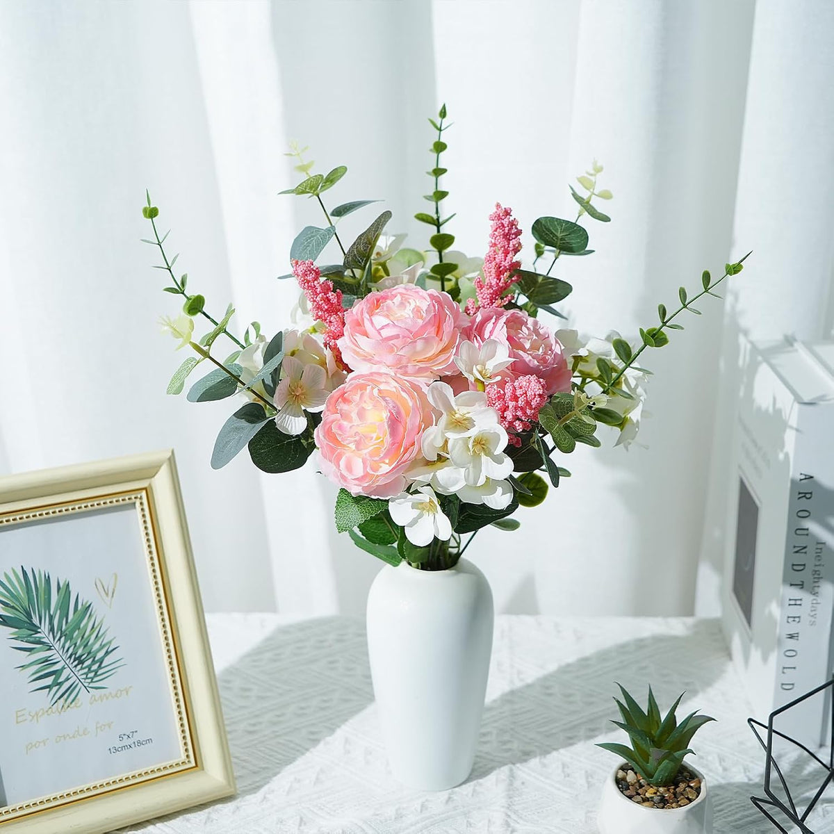 13.78in Artificial Fall Flowers Bouquet Faux Peony Floral Arrangements