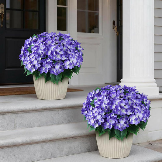 8 Bundles 17"Artificial Hydrangea Flowers Branch for Outdoor(Purple) | Realistic Faux Silk Bouquets Plants Fake Plants, for Front Door Balcony Farmhouse Garden Home Spring Summer Decor