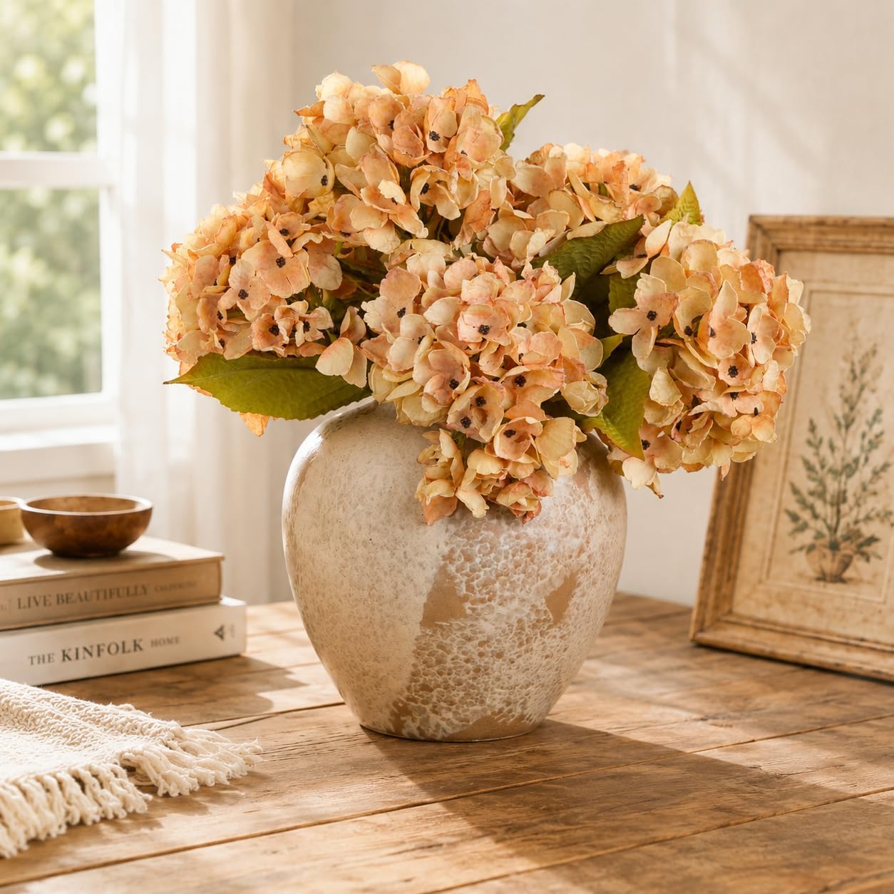 TOPIA Silk Fall Flowers Artificial Silk Dried Hydrangea Artificial Fall Flowers Dried Florals Bouquet Autumn Decorations for Office and Home (6 PCS) (Cream White)