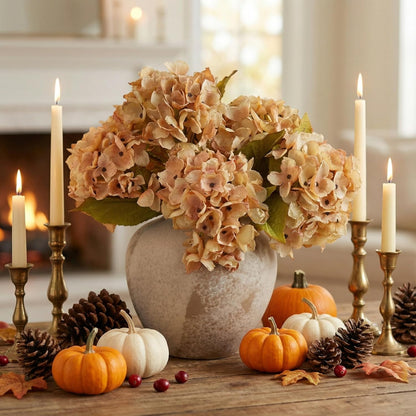 TOPIA Silk Fall Flowers Artificial Silk Dried Hydrangea Artificial Fall Flowers Dried Florals Bouquet Autumn Decorations for Office and Home (6 PCS) (Cream White)