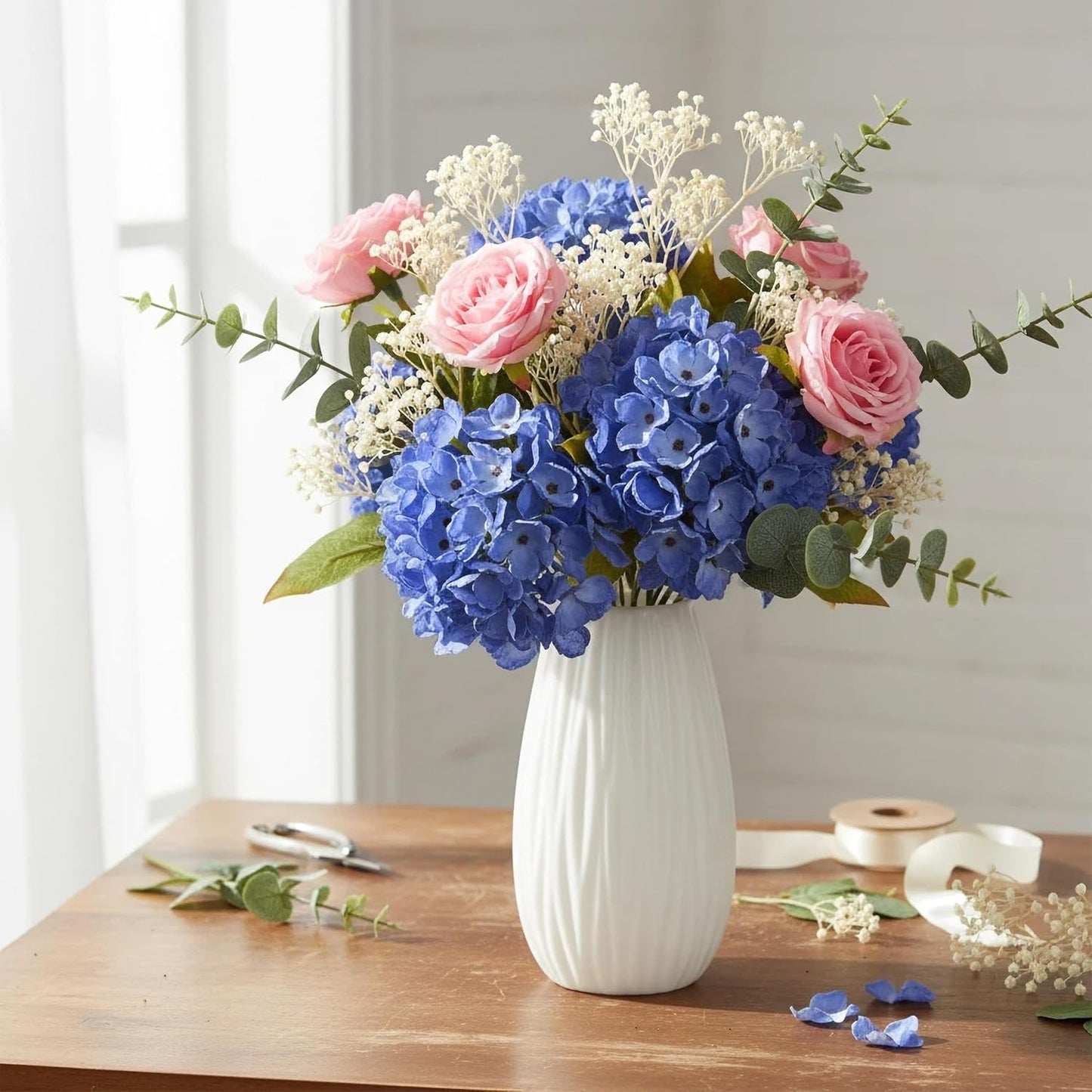 TOPIA Silk Fall Flowers Artificial Silk Dried Hydrangea Artificial Fall Flowers Dried Florals Bouquet Autumn Decorations for Office and Home (6 PCS) (Cream White)