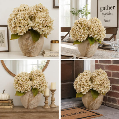 TOPIA Silk Fall Flowers Artificial Silk Dried Hydrangea Artificial Fall Flowers Dried Florals Bouquet Autumn Decorations for Office and Home (6 PCS) (Cream White)