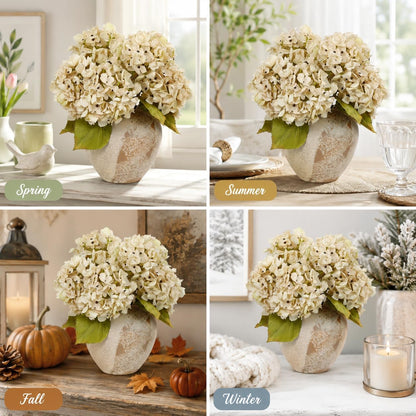 TOPIA Silk Fall Flowers Artificial Silk Dried Hydrangea Artificial Fall Flowers Dried Florals Bouquet Autumn Decorations for Office and Home (6 PCS) (Cream White)