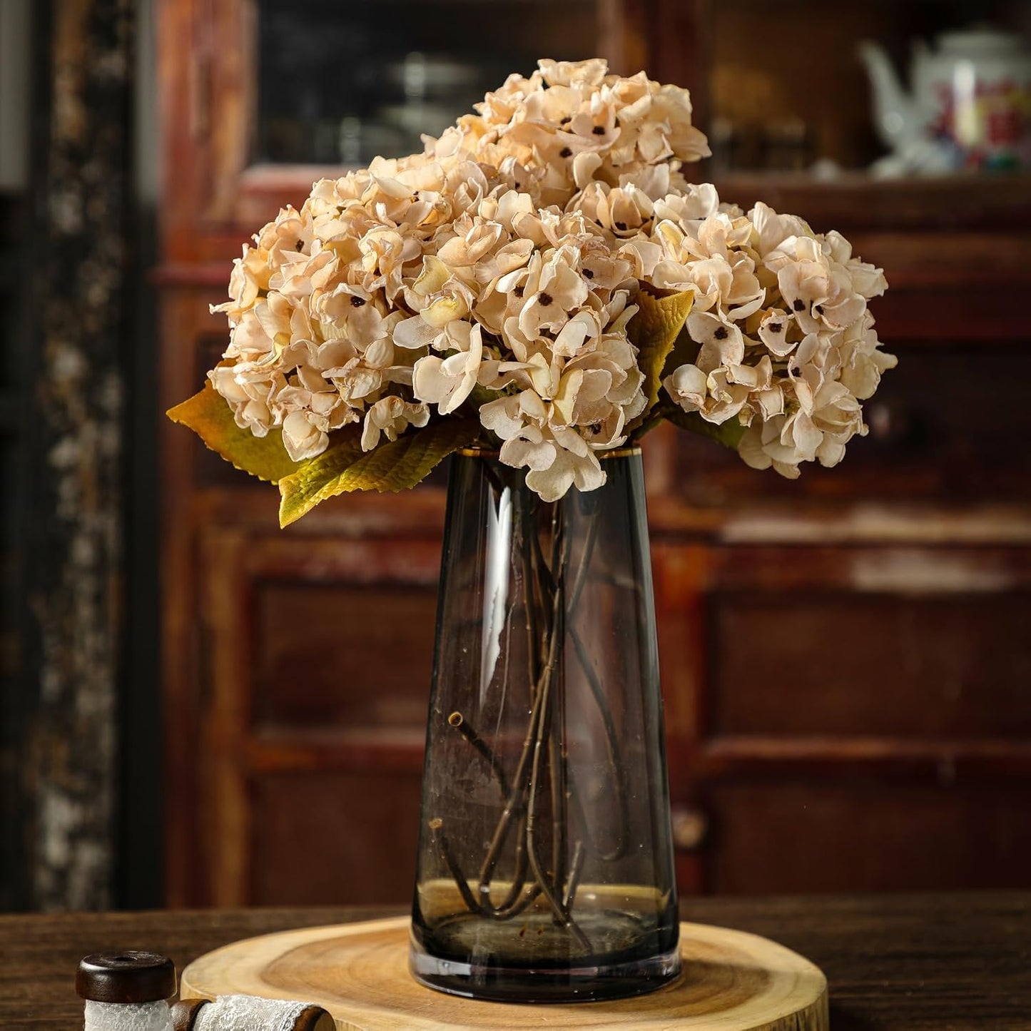 TOPIA Silk Fall Flowers Artificial Silk Dried Hydrangea Artificial Fall Flowers Dried Florals Bouquet Autumn Decorations for Office and Home (6 PCS) (Cream White)