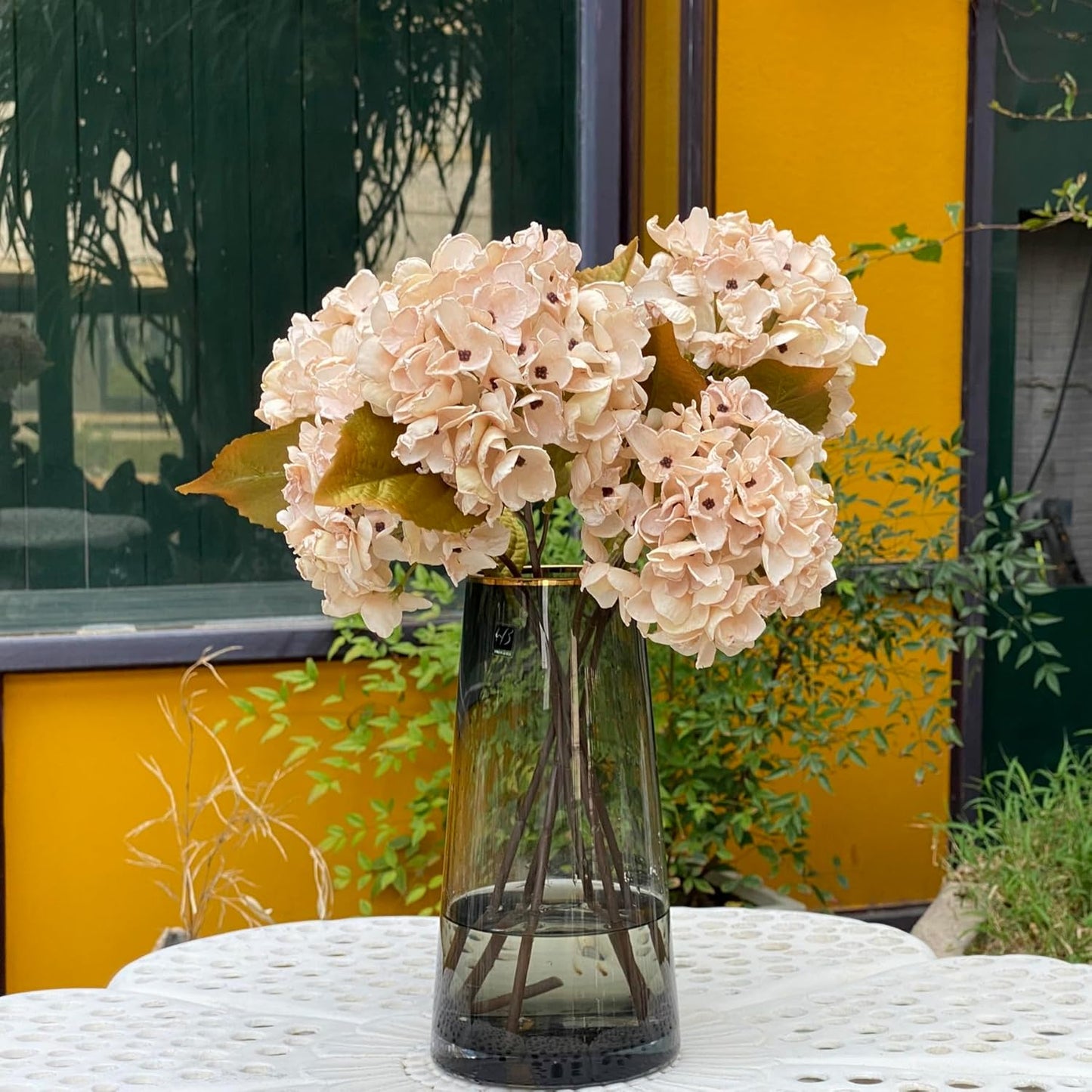 TOPIA Silk Fall Flowers Artificial Silk Dried Hydrangea Artificial Fall Flowers Dried Florals Bouquet Autumn Decorations for Office and Home (6 PCS) (Cream White)