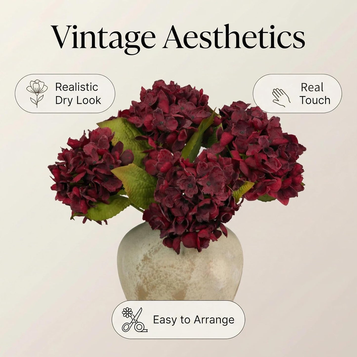 TOPIA Silk Fall Flowers Artificial Silk Dried Hydrangea Artificial Fall Flowers Dried Florals Bouquet Autumn Decorations for Office and Home (6 PCS) (Cream White)