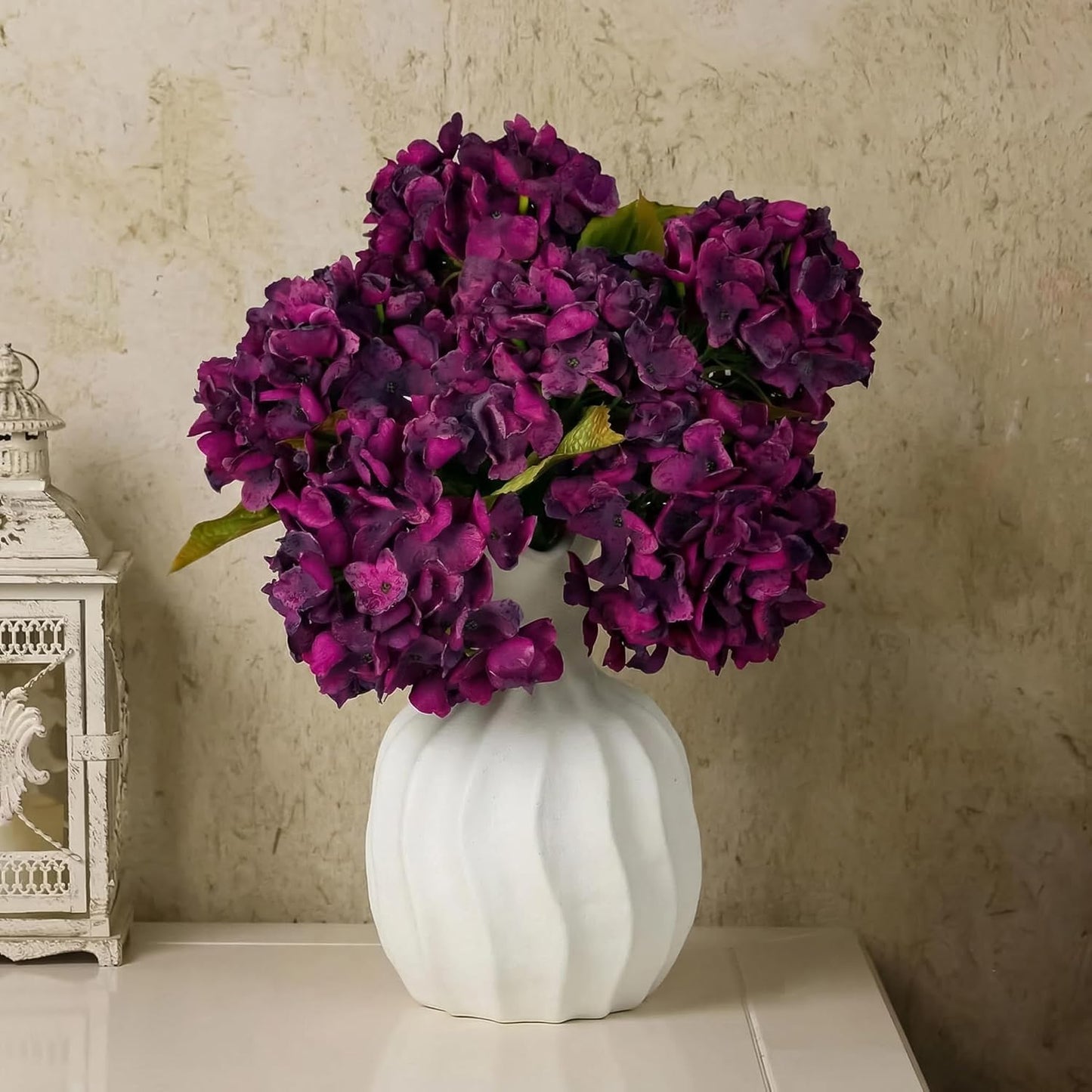 TOPIA Silk Fall Flowers Artificial Silk Dried Hydrangea Artificial Fall Flowers Dried Florals Bouquet Autumn Decorations for Office and Home (6 PCS) (Cream White)