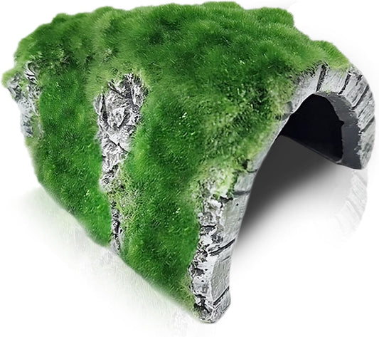 Reptile Hideout Cave with Artificial Moss, Rock Habitat Shelter for Lizards, Snakes, Geckos, Frogs & Aquariums, Durable Resin Cave Decor, 6 x 3 x 4 Inches