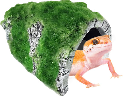 Reptile Hideout Cave with Artificial Moss, Rock Habitat Shelter for Lizards, Snakes, Geckos, Frogs & Aquariums, Durable Resin Cave Decor, 6 x 3 x 4 Inches