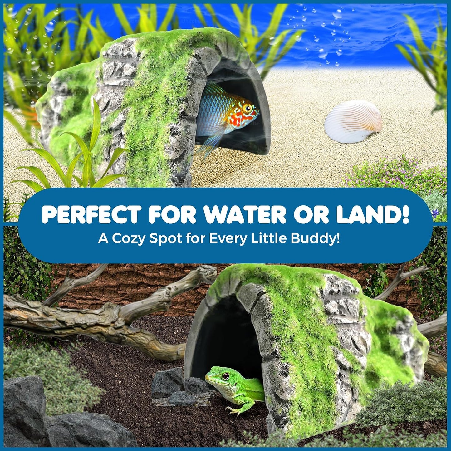 Reptile Hideout Cave with Artificial Moss, Rock Habitat Shelter for Lizards, Snakes, Geckos, Frogs & Aquariums, Durable Resin Cave Decor, 6 x 3 x 4 Inches