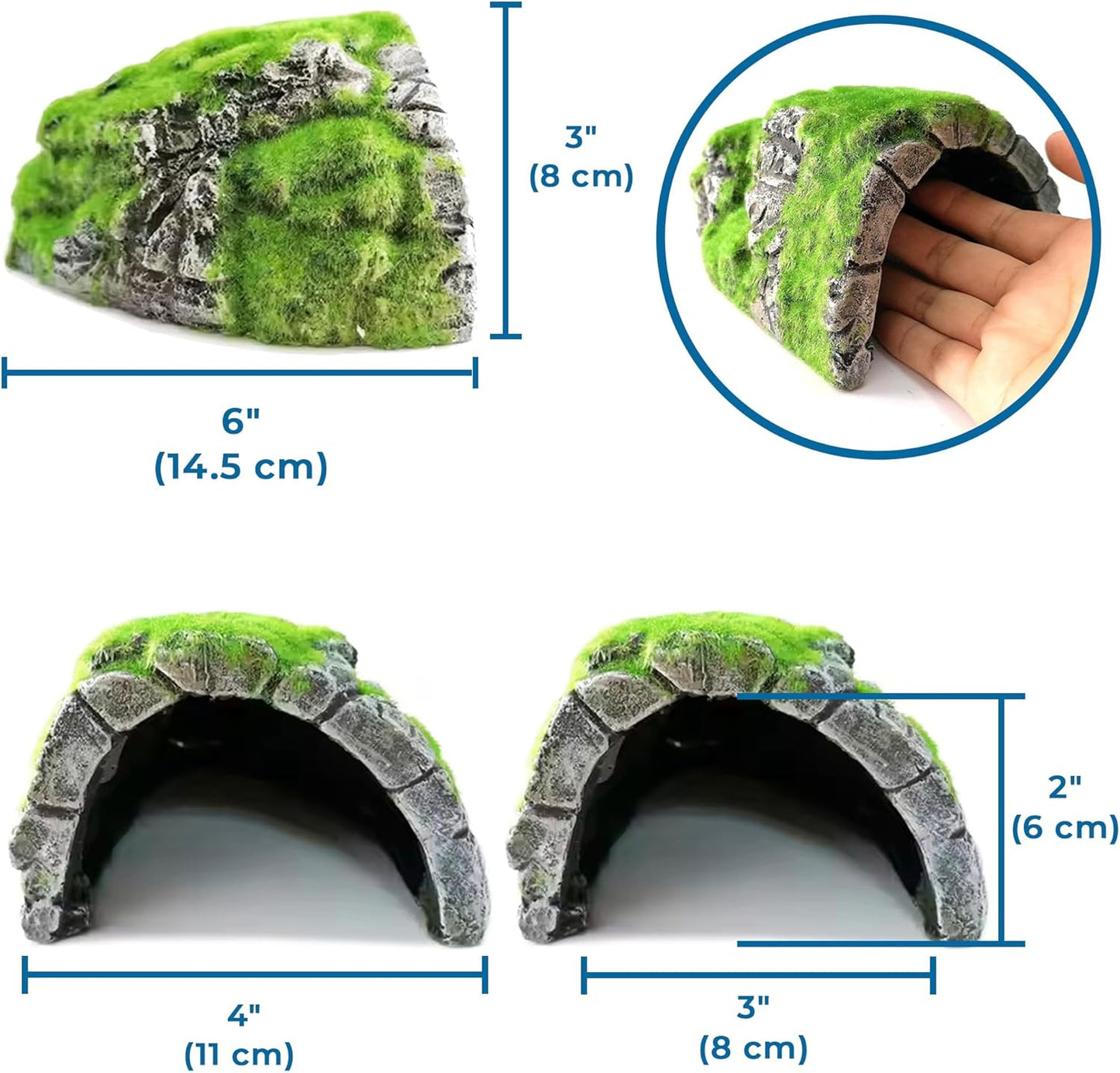 Reptile Hideout Cave with Artificial Moss, Rock Habitat Shelter for Lizards, Snakes, Geckos, Frogs & Aquariums, Durable Resin Cave Decor, 6 x 3 x 4 Inches