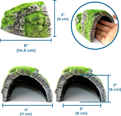 Reptile Hideout Cave with Artificial Moss, Rock Habitat Shelter for Lizards, Snakes, Geckos, Frogs & Aquariums, Durable Resin Cave Decor, 6 x 3 x 4 Inches