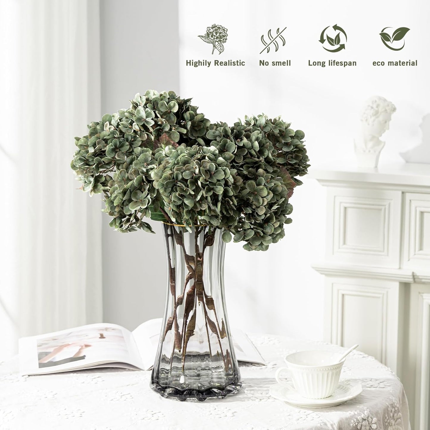 Hydrangea Artificial Flowers,Green Artificial Flower Fake Silk Hydrangea, Heads Bouquet with Stems Bulk for Fall Decoration Table Center Indoor Outdoor Faux Floral Plants 8pcs (Green)