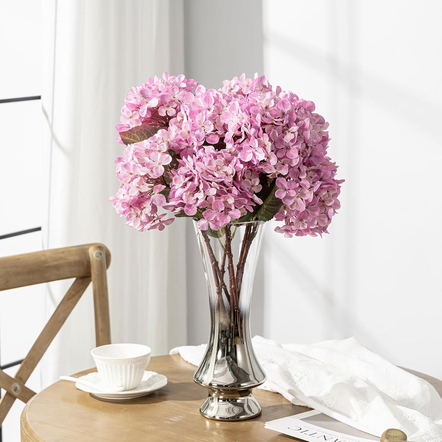 Hydrangea Artificial Flowers,Green Artificial Flower Fake Silk Hydrangea, Heads Bouquet with Stems Bulk for Fall Decoration Table Center Indoor Outdoor Faux Floral Plants 8pcs (Green)