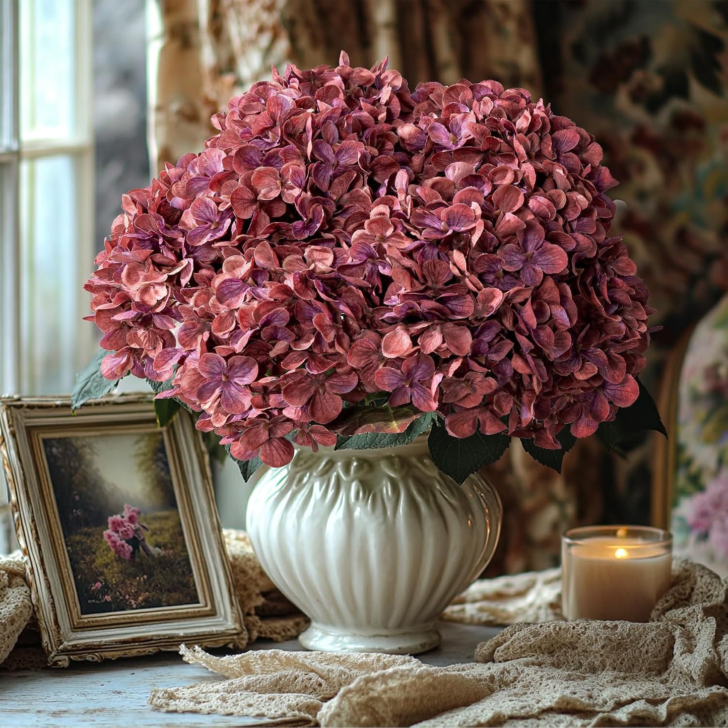 Hydrangea Artificial Flowers,Green Artificial Flower Fake Silk Hydrangea, Heads Bouquet with Stems Bulk for Fall Decoration Table Center Indoor Outdoor Faux Floral Plants 8pcs (Green)