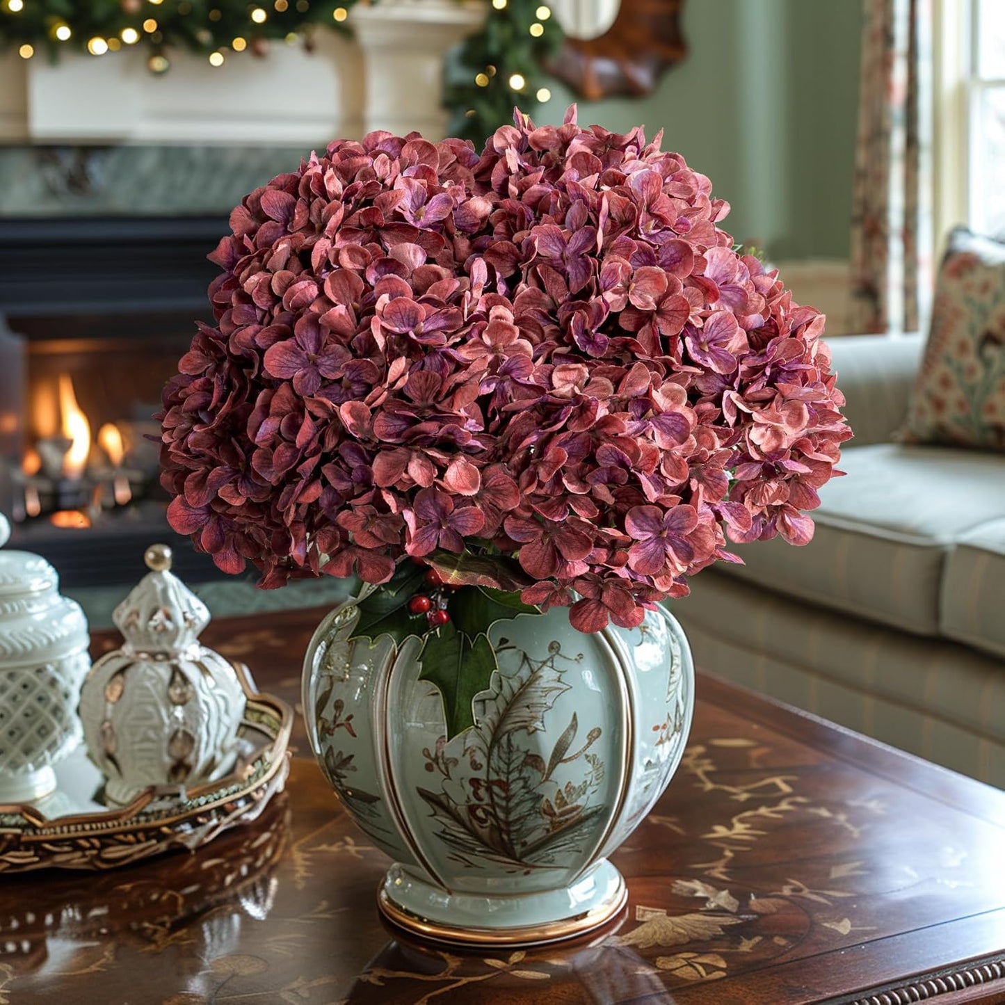 Hydrangea Artificial Flowers,Green Artificial Flower Fake Silk Hydrangea, Heads Bouquet with Stems Bulk for Fall Decoration Table Center Indoor Outdoor Faux Floral Plants 8pcs (Green)