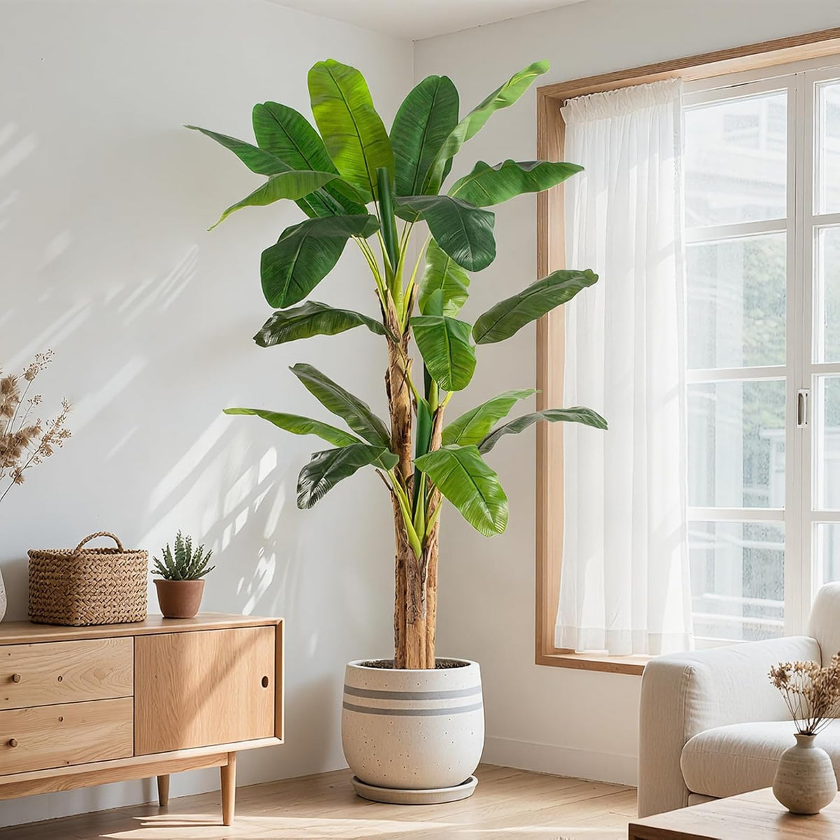 Lifelike Bird of Paradise Artificial Plant 6ft Faux Banana Leaf Tree with White Tall Planter for Home Decor - Perfect Indoor Silk Floor Plant for Living Room, Office, and Bedroom Ambiance Enhancement