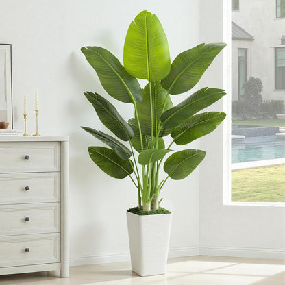 Lifelike Bird of Paradise Artificial Plant 6ft Faux Banana Leaf Tree with White Tall Planter for Home Decor - Perfect Indoor Silk Floor Plant for Living Room, Office, and Bedroom Ambiance Enhancement