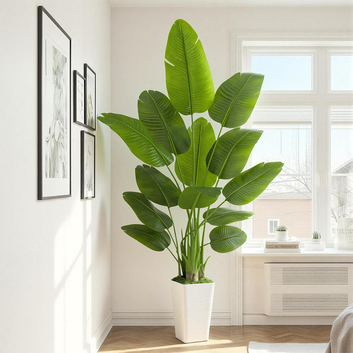 Lifelike Bird of Paradise Artificial Plant 6ft Faux Banana Leaf Tree with White Tall Planter for Home Decor - Perfect Indoor Silk Floor Plant for Living Room, Office, and Bedroom Ambiance Enhancement