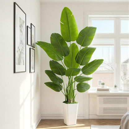 Lifelike Bird of Paradise Artificial Plant 6ft Faux Banana Leaf Tree with White Tall Planter for Home Decor - Perfect Indoor Silk Floor Plant for Living Room, Office, and Bedroom Ambiance Enhancement