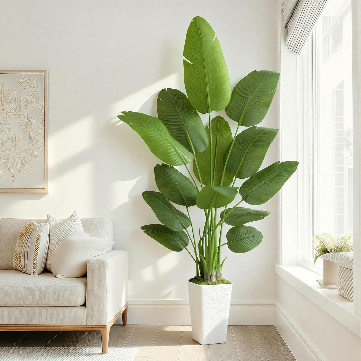 Lifelike Bird of Paradise Artificial Plant 6ft Faux Banana Leaf Tree with White Tall Planter for Home Decor - Perfect Indoor Silk Floor Plant for Living Room, Office, and Bedroom Ambiance Enhancement