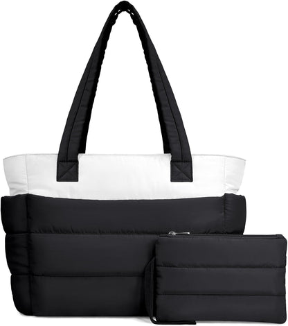 Puffer Tote Bag for Women, Lightweight Puffy Handbag with Compartments, Quilted Shoulder Bag for Work, Travel, Gym - Colors B