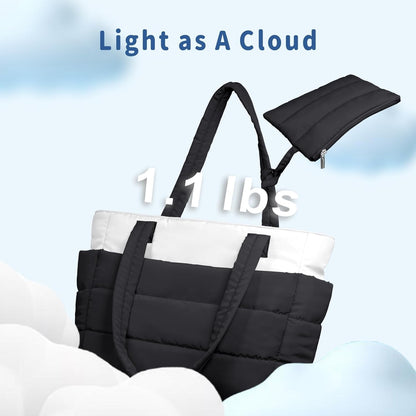 Puffer Tote Bag for Women, Lightweight Puffy Handbag with Compartments, Quilted Shoulder Bag for Work, Travel, Gym - Colors B