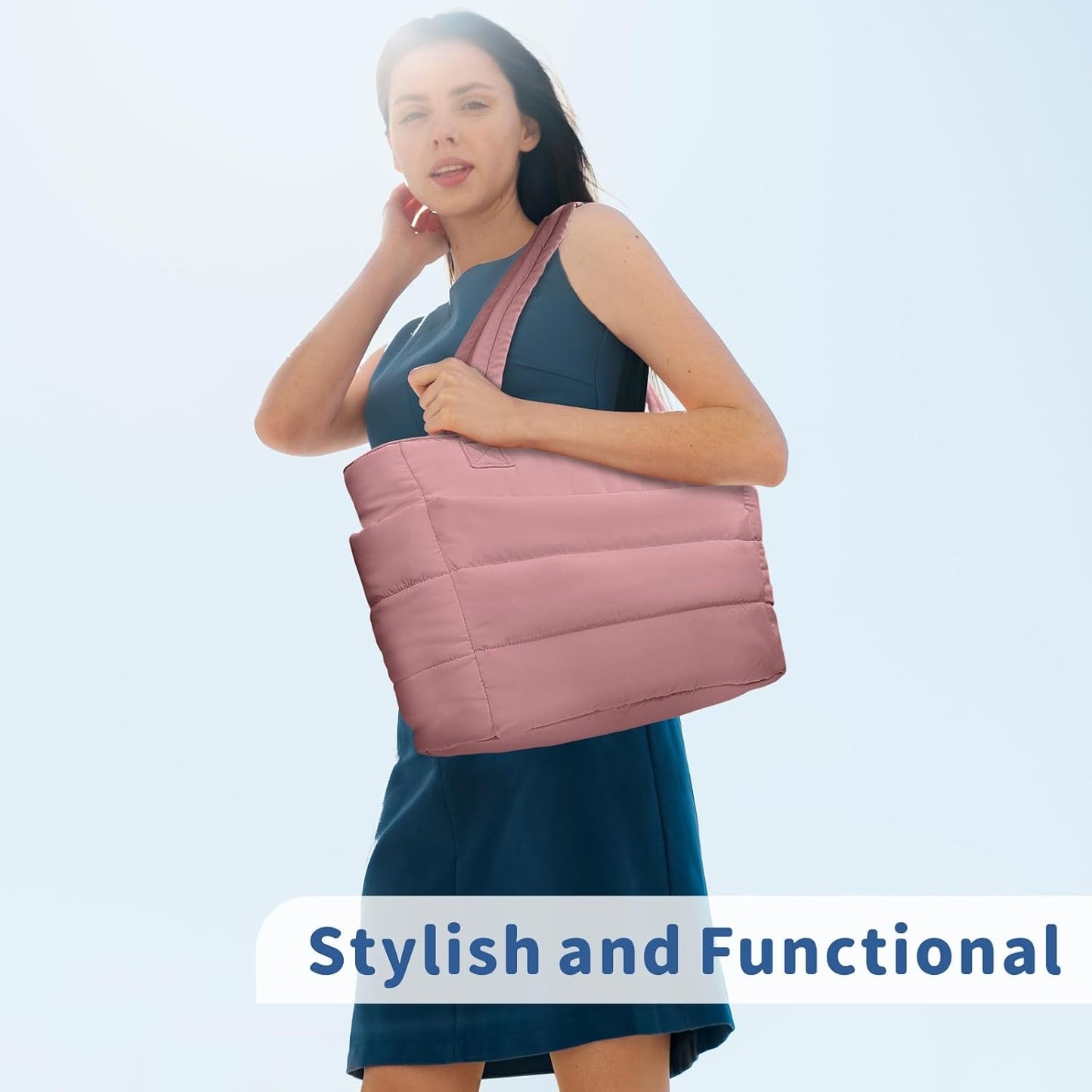 Puffer Tote Bag for Women, Lightweight Puffy Handbag with Compartments, Quilted Shoulder Bag for Work, Travel, Gym - Colors B
