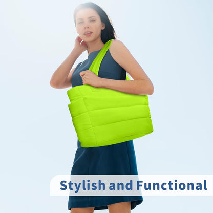 Puffer Tote Bag for Women, Lightweight Puffy Handbag with Compartments, Quilted Shoulder Bag for Work, Travel, Gym - Colors B