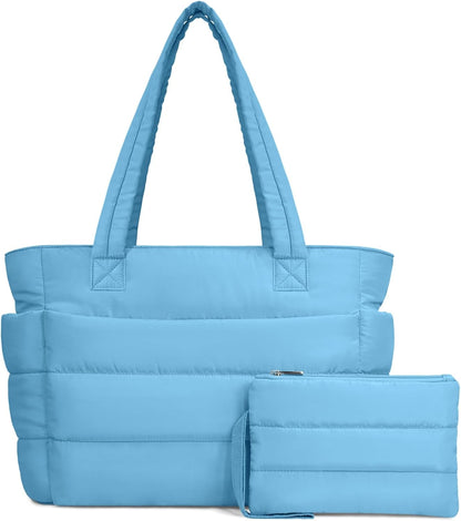 Puffer Tote Bag for Women, Lightweight Puffy Handbag with Compartments, Quilted Shoulder Bag for Work, Travel, Gym - Colors B