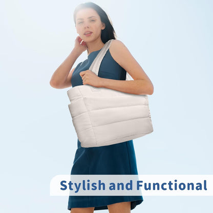 Puffer Tote Bag for Women, Lightweight Puffy Handbag with Compartments, Quilted Shoulder Bag for Work, Travel, Gym - Colors B
