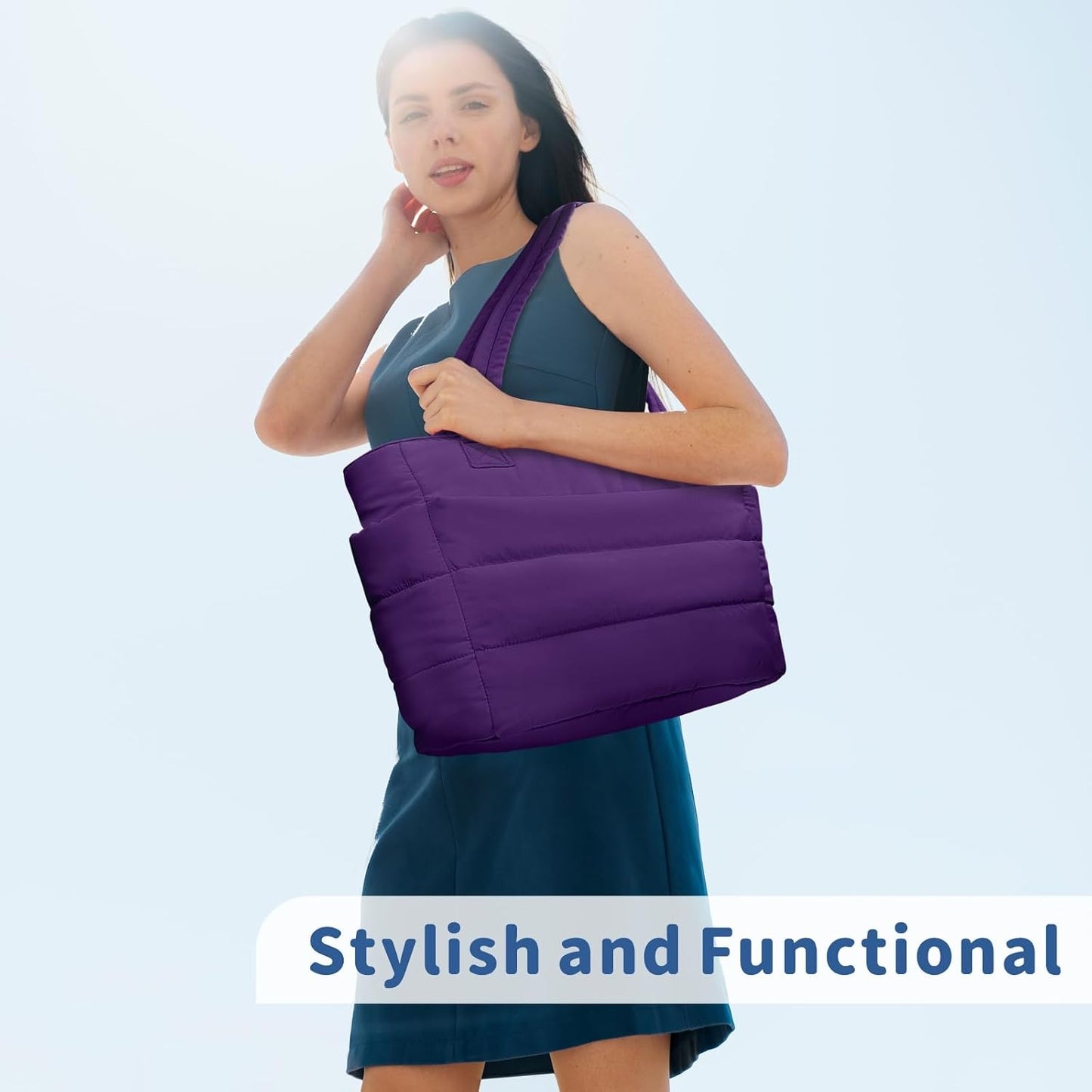 Puffer Tote Bag for Women, Lightweight Puffy Handbag with Compartments, Quilted Shoulder Bag for Work, Travel, Gym - Colors B