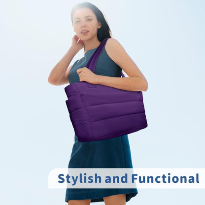 Puffer Tote Bag for Women, Lightweight Puffy Handbag with Compartments, Quilted Shoulder Bag for Work, Travel, Gym - Colors B