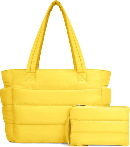 Puffer Tote Bag for Women, Lightweight Puffy Handbag with Compartments, Quilted Shoulder Bag for Work, Travel, Gym - Colors B