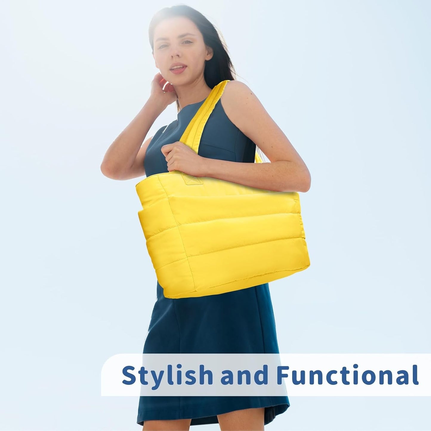 Puffer Tote Bag for Women, Lightweight Puffy Handbag with Compartments, Quilted Shoulder Bag for Work, Travel, Gym - Colors B