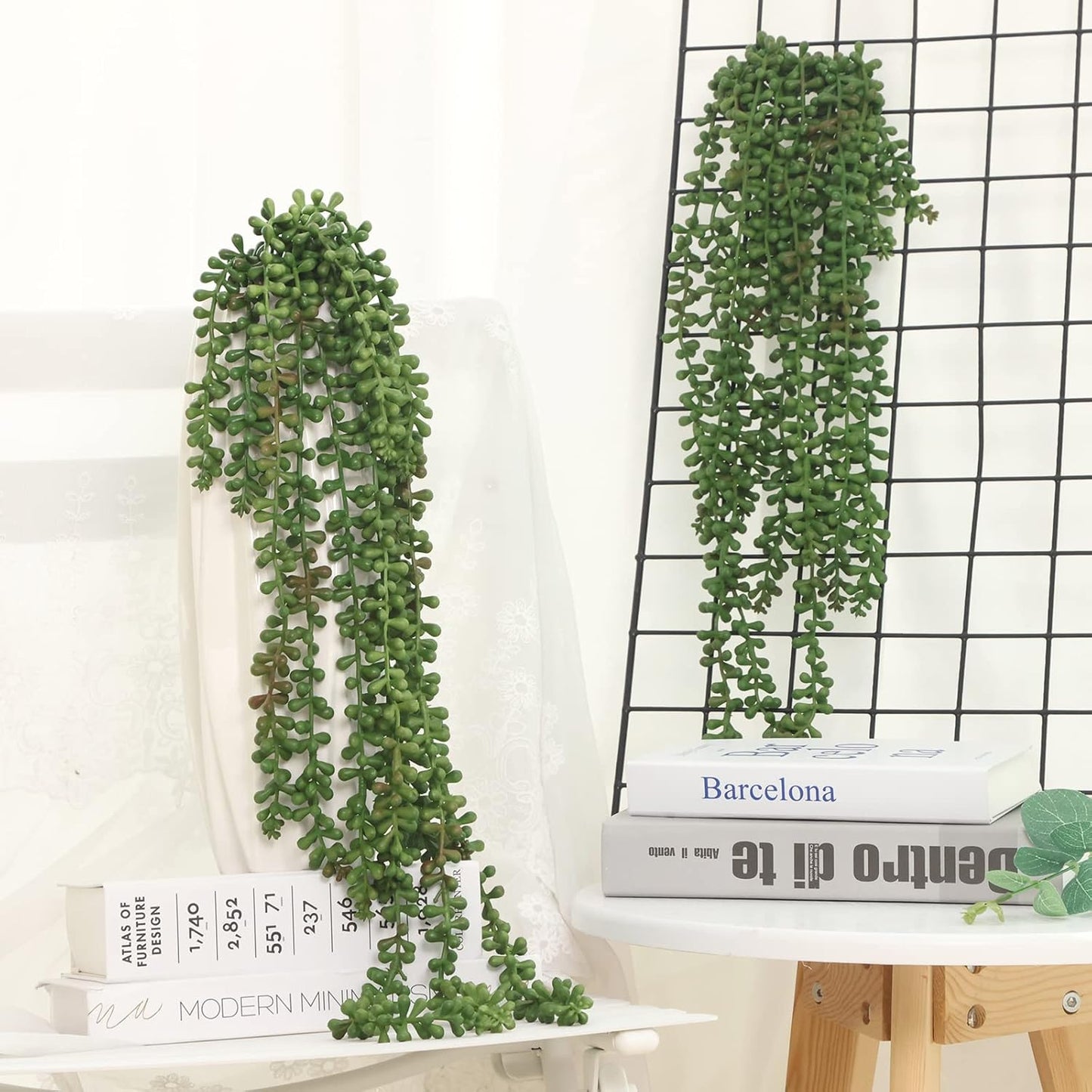 4pcs Fake Hanging Plants, String of Pearls Artificial Hanging Succulents Greenery Wall Backdrop Decor, Artificial Plants Indoor for Home Garden Outdoor Decoration
