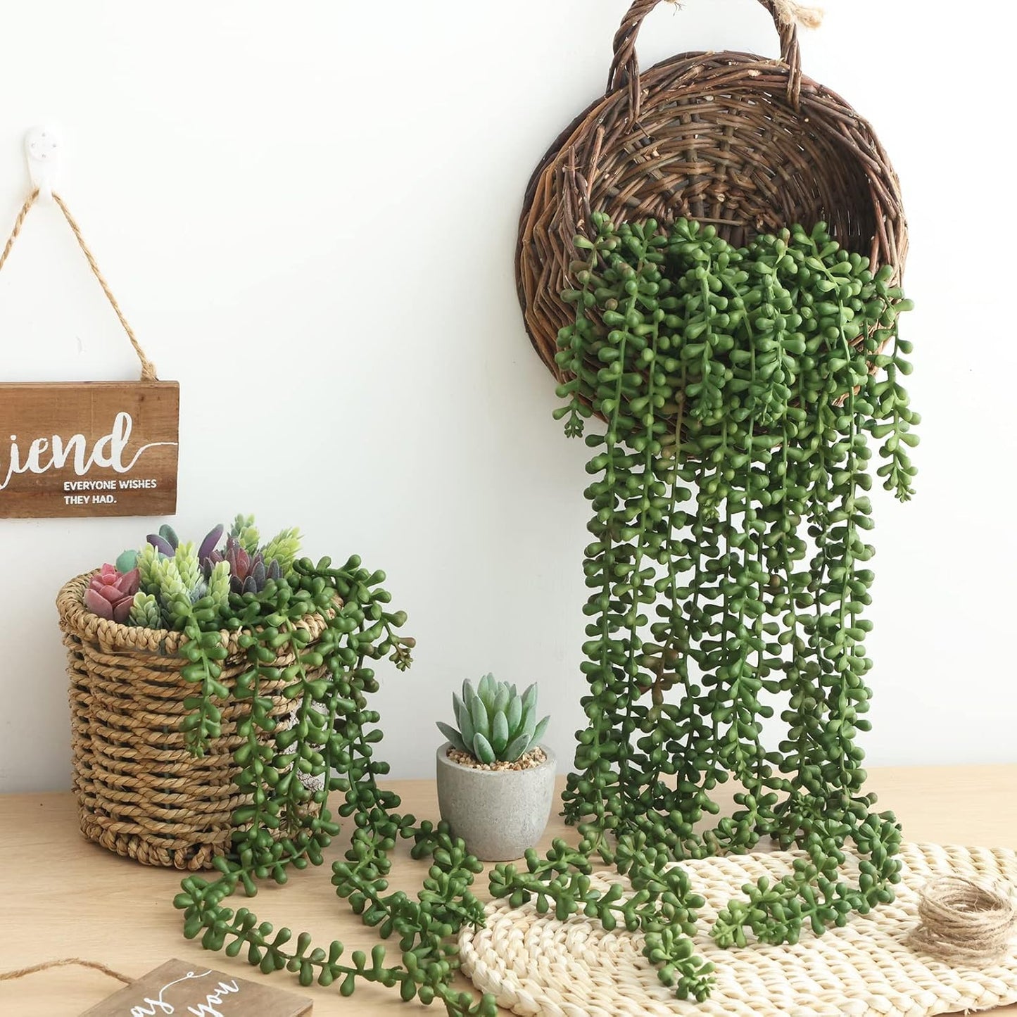 4pcs Fake Hanging Plants, String of Pearls Artificial Hanging Succulents Greenery Wall Backdrop Decor, Artificial Plants Indoor for Home Garden Outdoor Decoration