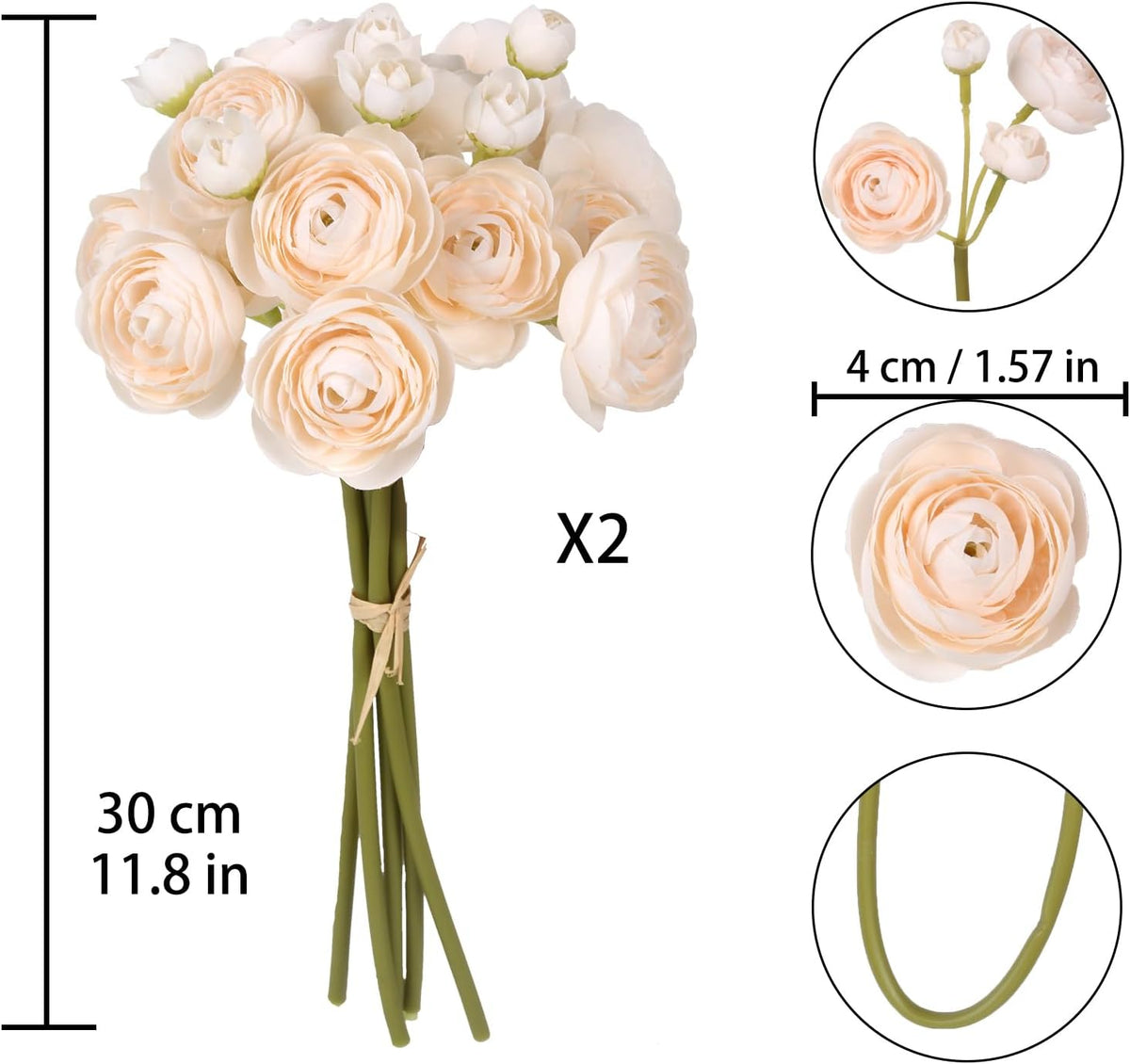 Ranunculus Artificial Flowers 2 Bouquets Mini Cream Fake Flowers 12PCS Small Faux Ranunculus Decorative Flowers for DIY Wedding Bouquet Bridal Shower Filler Flowers Decorations (Cream)