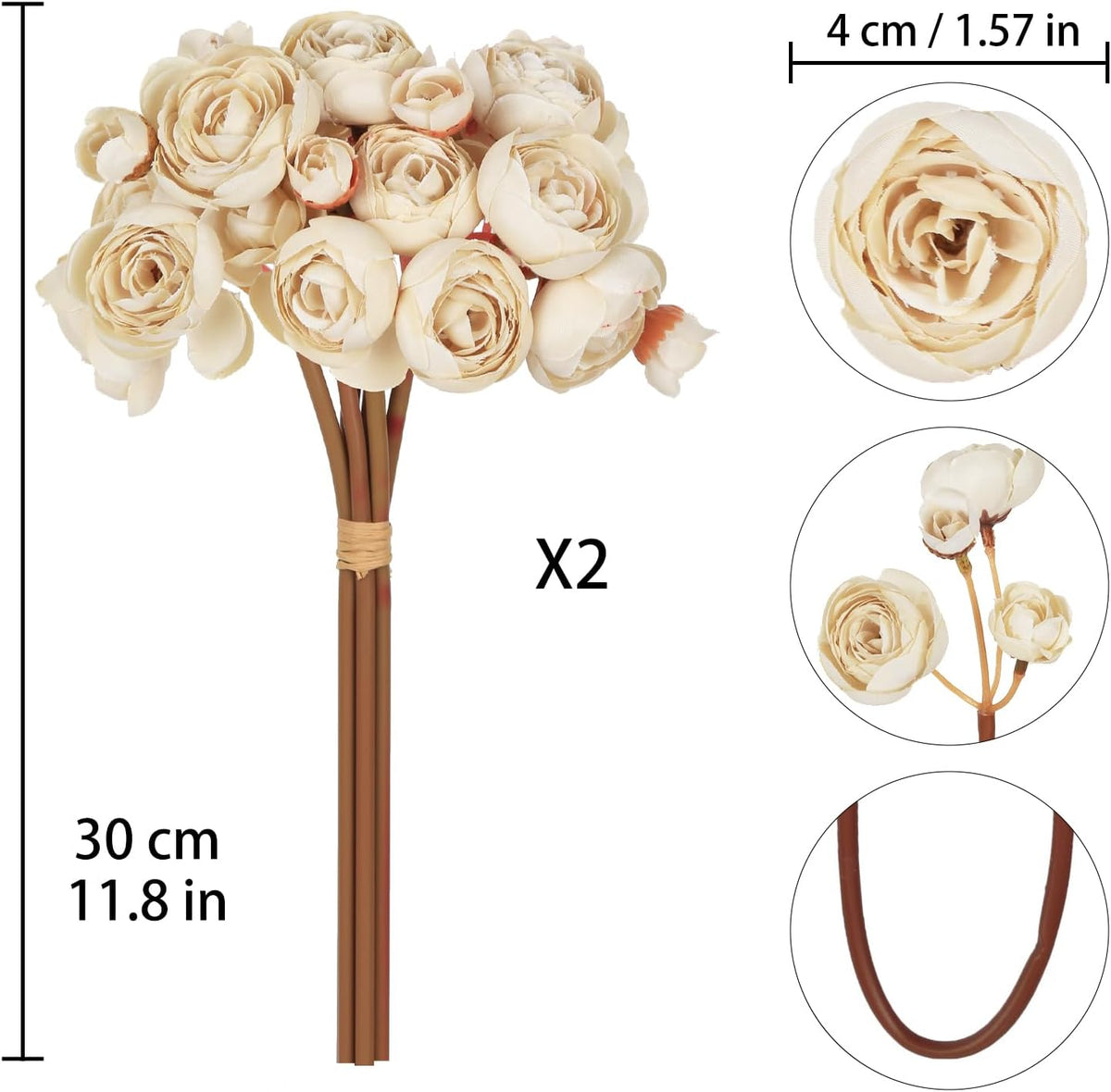 Ranunculus Artificial Flowers 2 Bouquets Mini Cream Fake Flowers 12PCS Small Faux Ranunculus Decorative Flowers for DIY Wedding Bouquet Bridal Shower Filler Flowers Decorations (Cream)