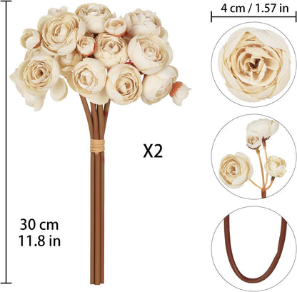 Ranunculus Artificial Flowers 2 Bouquets Mini Cream Fake Flowers 12PCS Small Faux Ranunculus Decorative Flowers for DIY Wedding Bouquet Bridal Shower Filler Flowers Decorations (Cream)