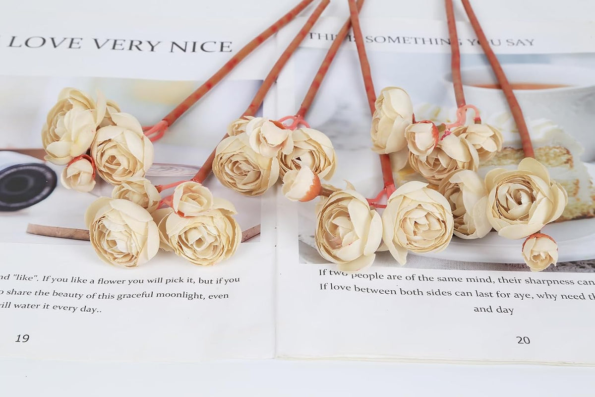 Ranunculus Artificial Flowers 2 Bouquets Mini Cream Fake Flowers 12PCS Small Faux Ranunculus Decorative Flowers for DIY Wedding Bouquet Bridal Shower Filler Flowers Decorations (Cream)