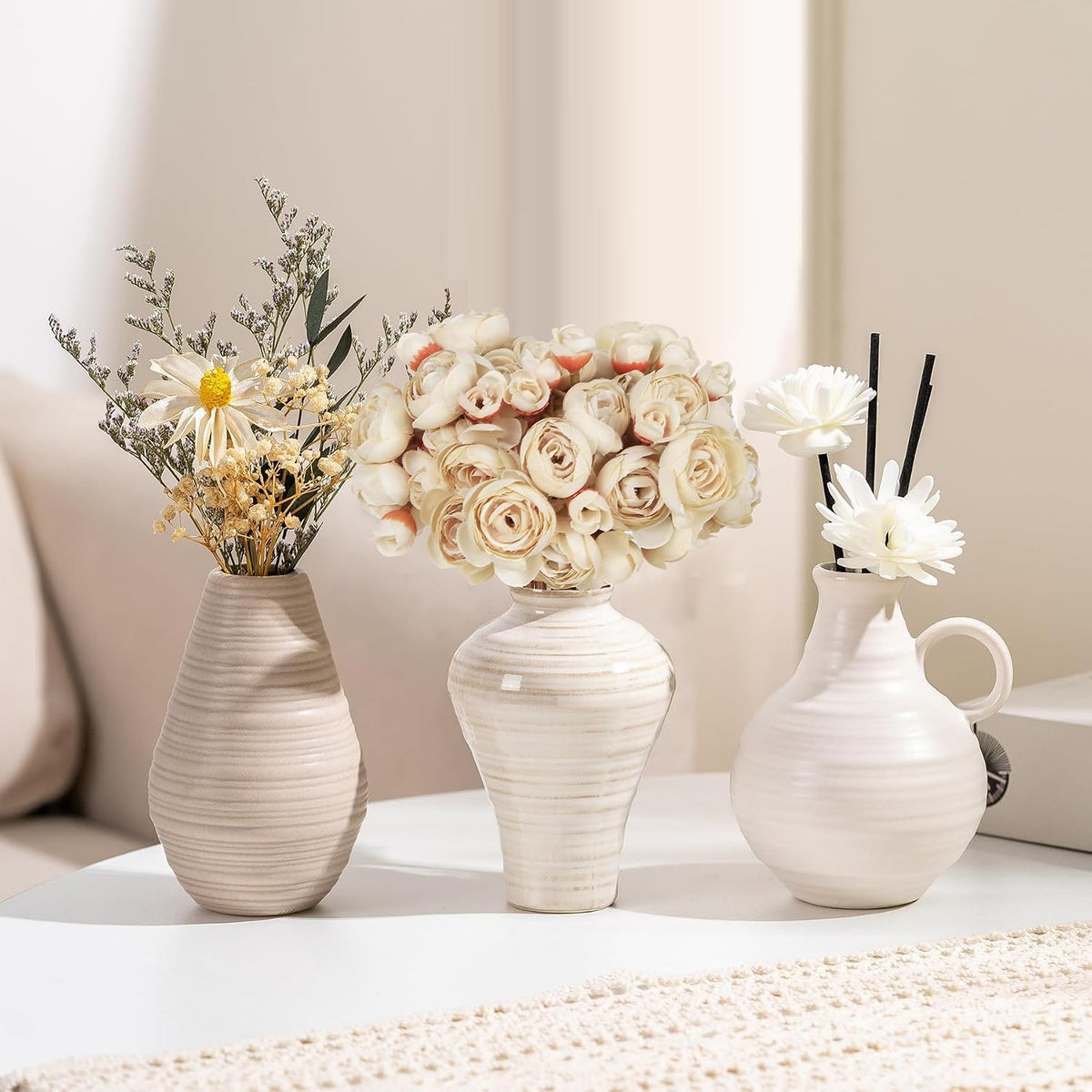 Ranunculus Artificial Flowers 2 Bouquets Mini Cream Fake Flowers 12PCS Small Faux Ranunculus Decorative Flowers for DIY Wedding Bouquet Bridal Shower Filler Flowers Decorations (Cream)