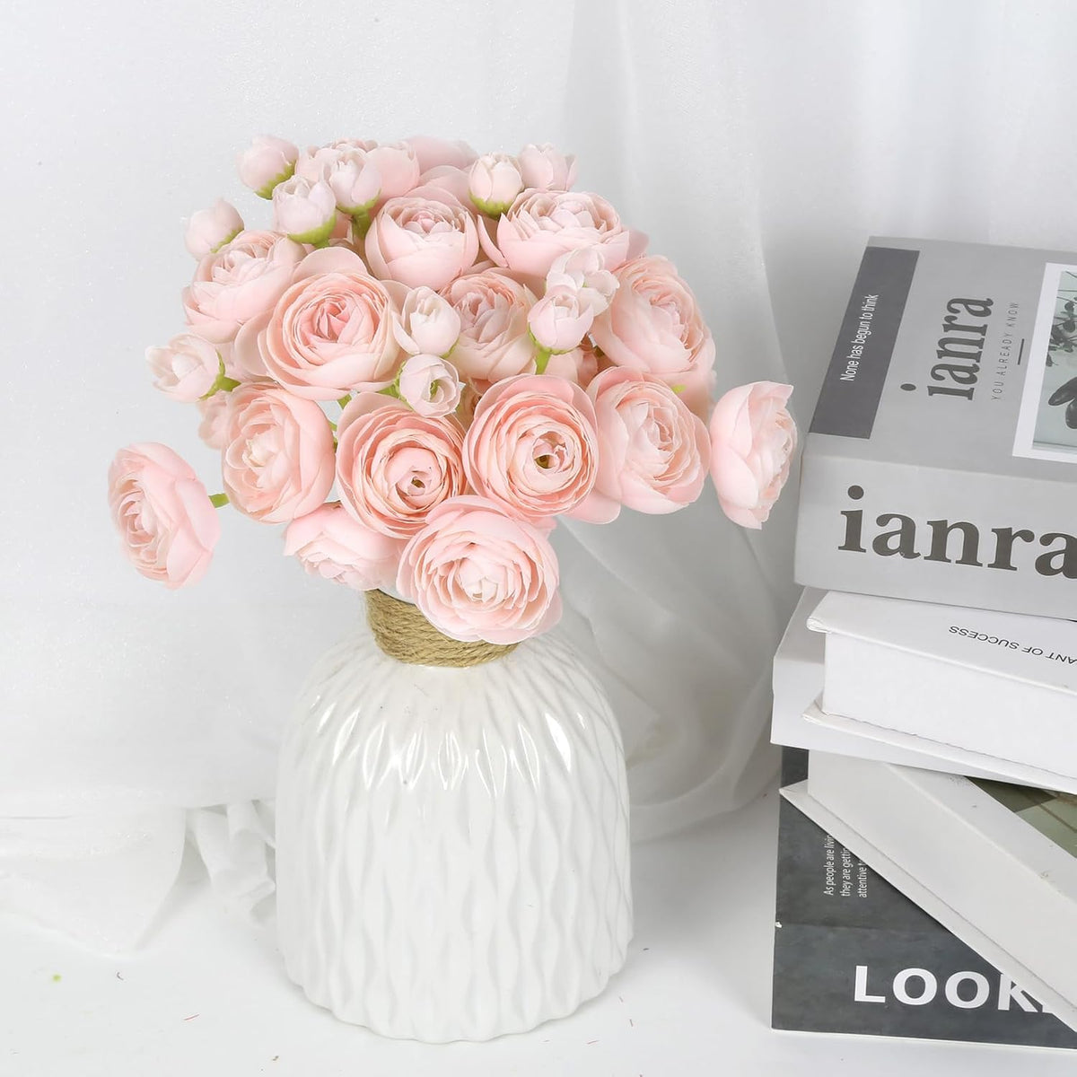 Ranunculus Artificial Flowers 2 Bouquets Mini Cream Fake Flowers 12PCS Small Faux Ranunculus Decorative Flowers for DIY Wedding Bouquet Bridal Shower Filler Flowers Decorations (Cream)