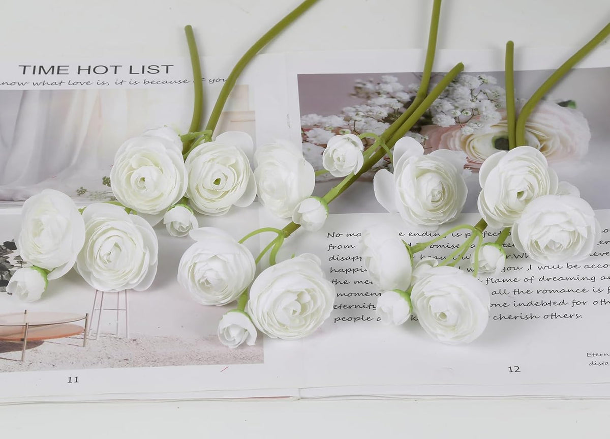 Ranunculus Artificial Flowers 2 Bouquets Mini Cream Fake Flowers 12PCS Small Faux Ranunculus Decorative Flowers for DIY Wedding Bouquet Bridal Shower Filler Flowers Decorations (Cream)