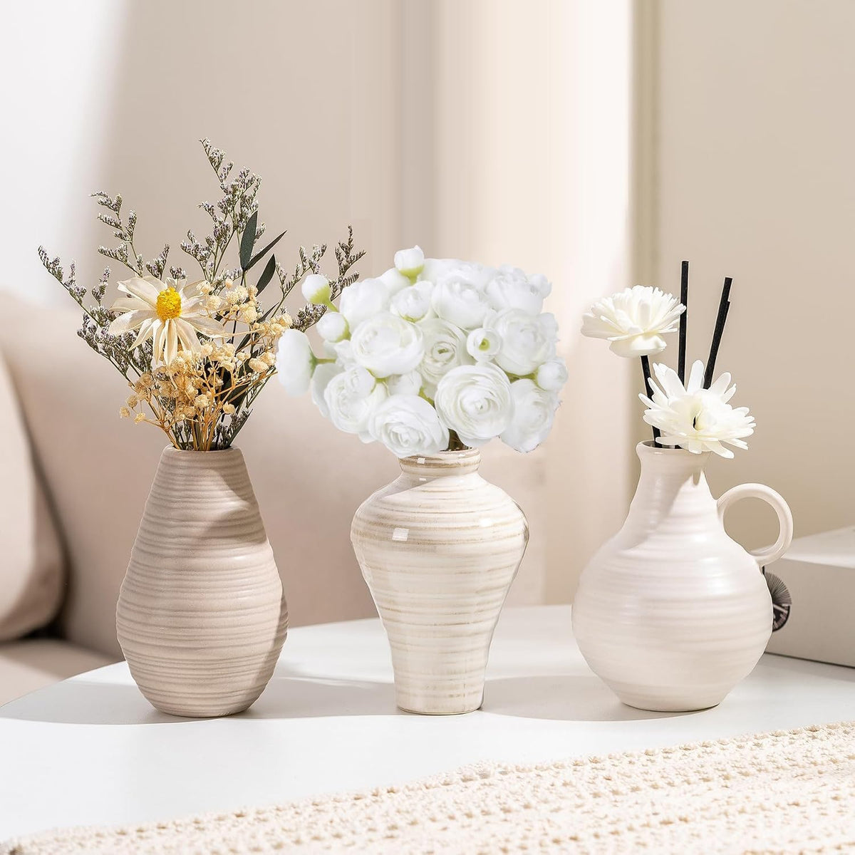 Ranunculus Artificial Flowers 2 Bouquets Mini Cream Fake Flowers 12PCS Small Faux Ranunculus Decorative Flowers for DIY Wedding Bouquet Bridal Shower Filler Flowers Decorations (Cream)