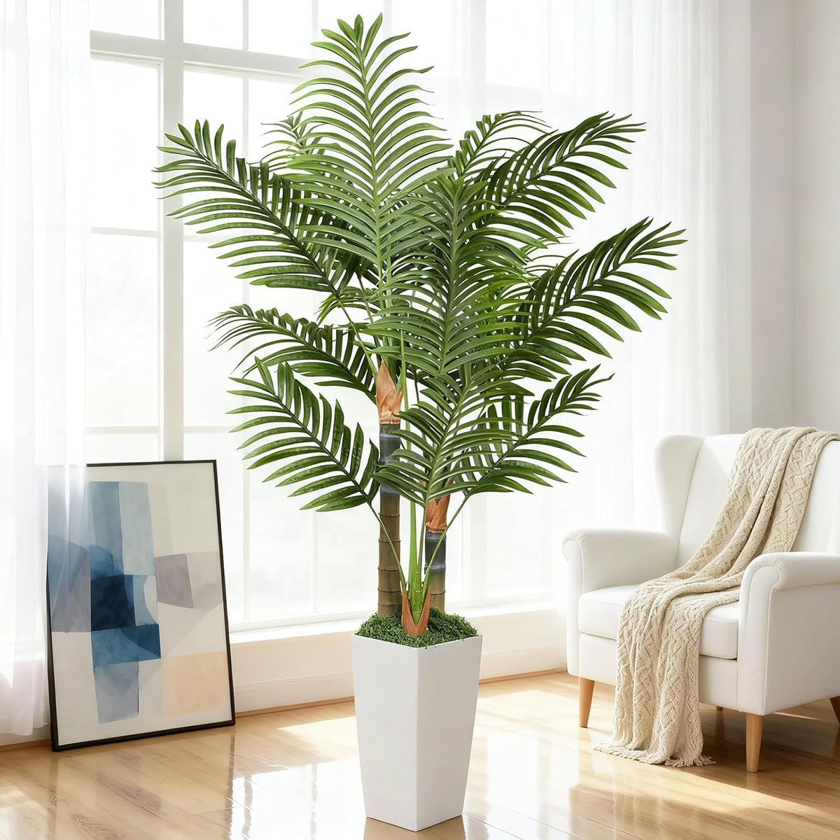 5ft Artificial Palm Tree Indoor Plant，Triple Faux Tropical Areca Floor Plant in Pot，Artificial Plants with Lifelike Leaves for Home Office Decor