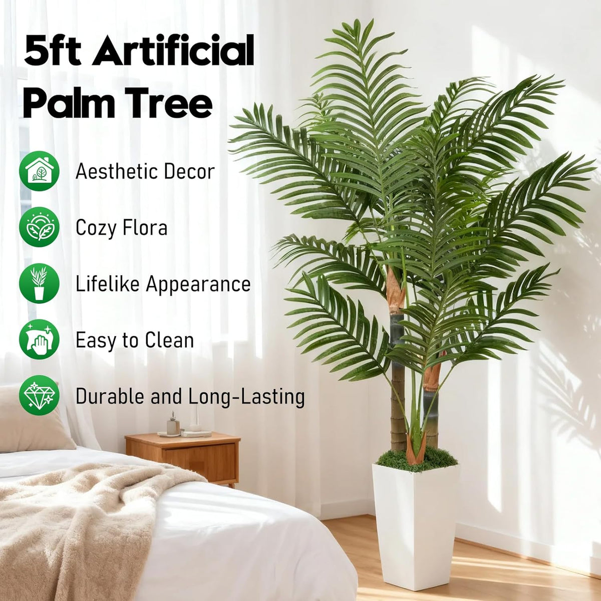 5ft Artificial Palm Tree Indoor Plant，Triple Faux Tropical Areca Floor Plant in Pot，Artificial Plants with Lifelike Leaves for Home Office Decor